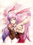  1girl animal_ears bang blush female finger_gun fingernails foreshortening long_hair nail_polish one_eye_closed perspective pink_nails rabbit_ears reisen_udongein_inaba satomura_kyou solo touhou traditional_media very_long_hair watercolor_(medium) 