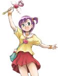  00s 1girl glasses green_eyes hair_bobbles hair_ornament kirisato_nanaka nanaka_6/17 open_mouth purple_hair school_uniform short_hair smile solo wand yukihashi 