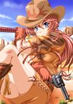  00s 1girl blue_eyes boots cowboy_hat daikobutu fringe gemini_sunrise gloves gun handgun hat katana mountain redhead revolver sakura_taisen sakura_taisen_v shiruko sky solo sword weapon western 