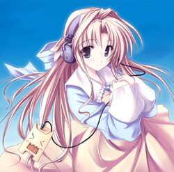  1girl blonde_hair blue_eyes bow bowtie dress gradient gradient_background hair_ribbon headphones hiiragi_hinata hinatabokko long_hair original ribbon solo tarte tenmaso walkman 