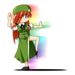  1girl blue_eyes bow braid china_dress chinese_clothes dress female fighting_stance frown hair_bow hat hong_meiling immaterial_and_missing_power long_hair lowres rainbow_background redhead solo star touhou twin_braids 