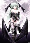  1girl asymmetrical_legwear bare_shoulders belt boots buckle capcom demon_girl fingerless_gloves gloves green_hair head_wings highleg highleg_leotard jian leotard long_hair morrigan_aensland solo succubus thigh-highs thigh_gap torn_clothes torn_thighhighs vampire_(game) wings zipper 