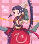  1girl archery bow_(weapon) elbow_gloves elf gloves hair_tubes kyuudou long_hair otter_kawauso pointy_ears ponytail purple_hair red_eyes skirt solo weapon 