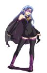  1girl black_legwear blindfold blue_hair cape caster cosplay detached_sleeves dress fate/stay_night fate_(series) lowres pointy_ears rider rider_(cosplay) solo strapless strapless_dress thigh-highs zettai_ryouiki 