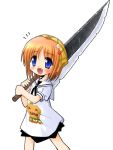  1girl :d blue_eyes fang flower lily_of_the_valley open_mouth orange_hair photoshop sailor short_hair smile solo suigetsu suka sword waha weapon yamato_suzuran 