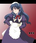  00s 1girl alternate_costume apron black_hair bow bowtie character_name dress enmaided juliet_sleeves kuroo_(project_apricot) letterboxed long_hair long_sleeves madhouse maid maid_apron maid_headdress menori menori_visconti mujin_wakusei_survive puffy_sleeves purple_dress red_background smile solo violet_eyes 