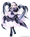  00s 1girl black_wings dress frilled_sleeves frills full_body gothic gothic_lolita hairband lolita_fashion lolita_hairband long_hair long_sleeves looking_at_viewer moo_(umineko) original puffy_sleeves red_eyes rozen_maiden simple_background skirt_hold solo suigintou white_hair wings 
