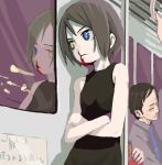  1boy 1girl black_hair blood blood_on_face blue_eyes crossed_arms gothic ground_vehicle heterochromia leaning nosebleed reflection short_hair train train_interior translated yellow_eyes 