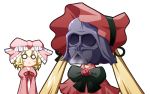  2girls blonde_hair bow crossover darth_vader dress drill_hair gothic hair_bow hair_ribbon herada_mitsuru hina_ichigo long_hair looking_at_another multiple_girls o_o parody ribbon rozen_maiden satire shinku star_wars twintails what white_background 