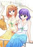  2girls :o aqua_eyes arm_support arm_up bag bangs bare_shoulders blush bracelet casual cross cup drink drinking_straw eye_contact food french_fries gradient hair_between_eyes hair_ornament hairclip handbag holding jewelry komaki_manaka leaning_back looking_at_another multiple_girls necklace one_side_up open_mouth orange_hair otaut-r pendant photo_background pointing purple_hair railing scrunchie shirt short_hair sitting skirt spill standing sweatdrop swept_bangs tank_top taut_clothes taut_shirt to_heart_2 tonami_yuma violet_eyes 
