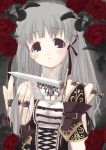  1girl belt blush cutting_hair dagger flower gloves grey_hair hair_ornament hair_ribbon hairclip holding holding_hair jewelry knife long_hair mikazukimo necklace open_mouth reverse_grip ribbon ring rose silver_hair solo very_long_hair weapon 