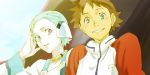  1boy 1girl aqua_hair brown_hair collarbone eureka eureka_seven eureka_seven_(series) hair_ornament hairclip hand_on_headphones headphones jewelry looking_at_viewer necklace open_mouth pale_skin raglan_sleeves renton renton_thurston sakaki_kuuya short_hair smile violet_eyes 