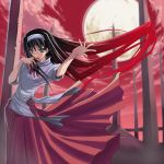  00s 1girl black_hair blood blood_on_fingers bloody_clothes blue_eyes bow dark full_moon gradient_hair hairband japanese_clothes long_hair long_skirt miko moon multicolored_hair red_skirt red_sky redhead shingo_(missing_link) skirt sky solo tohno_akiha tsukihime wind wind_lift 