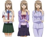  3girls blonde_hair bow brown_eyes brown_hair closed_eyes costume_chart ginga_kuon gokujou_seitokai green_skirt jewelry long_hair multiple_girls multiple_persona necklace pleated_skirt purple_skirt school_uniform skirt smile variations white_background 