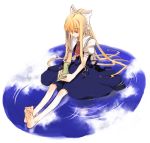  1girl air barefoot bird blonde_hair bow clouds cross dress feet hair_bow hair_over_one_eye holding kamio_misuzu legs long_hair necktie ponytail reflection sad sidelocks sitting sky solo toes toy very_long_hair water 