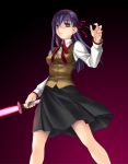  1girl breasts energy_sword fate/stay_night fate_(series) gradient gradient_background hair_ribbon lightsaber long_hair matou_sakura norizou_type-r purple_hair ribbon school_uniform serafuku solo star_wars sword violet_eyes weapon 