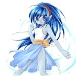  00s 1girl blue_eyes blue_hair blue_skin celsius celsius_(tales) chibi dress long_hair ribbon simple_background solo tales_of_(series) tales_of_eternia white_background 