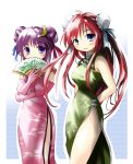  2girls alternate_costume alternate_hairstyle arm_behind_back blue_eyes blush border bow braid breasts bun_cover china_dress chinese_clothes covering_mouth crescent crescent_hair_ornament double_bun dress elbow_gloves fan female folding_fan gloves hair_bow hair_ornament hair_ribbon hong_meiling long_hair looking_at_viewer medium_breasts morogami_ryou multiple_girls no_hat no_headwear outline outside_border patchouli_knowledge pink_gloves purple_hair redhead ribbon sidelocks smile touhou twin_braids violet_eyes white_border 