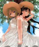  2girls back-to-back dress fate/stay_night fate_(series) hand_holding hat interlocked_fingers multiple_girls saber shinama straw_hat sundress tohsaka_rin 