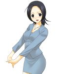  1girl a1 black_eyes black_hair blue_suit breasts business_suit formal jacket medium_breasts miniskirt office_lady pencil_skirt skirt skirt_suit solo suit 