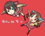  2girls arms_up bow brown_hair chibi gokujou_seitokai hair_cubes hair_ornament jumping kneehighs kutsugi_kotoha long_hair looking_at_another looking_at_viewer multiple_girls open_mouth oume_ayumu pleated_skirt school_uniform serafuku short_hair simple_background skirt smile twintails 