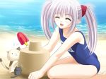  1girl beach cat elf game_cg long_hair name_tag nishimata_aoi official_art one-piece_swimsuit pointy_ears primula school_swimsuit shuffle! silver_hair smile solo stuffed_animal stuffed_cat stuffed_toy swimsuit twintails 