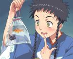  00s bag bagged_fish black_hair blush fish goldfish japanese_clothes lowres minagi_mikoto my-hime nigou saliva yellow_eyes 