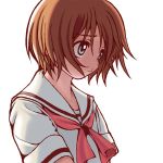  1girl :&gt; bangs blue_eyes blush_stickers brown_hair child flat_chest hitotsubashi_yurie kamichu! kigaru looking_away profile school_uniform serafuku short_hair simple_background solo upper_body 