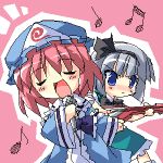  2girls beamed_quavers electric_guitar female guitar hat instrument konpaku_youmu lowres microphone multiple_girls music musical_note oekaki petenshi_(dr._vermilion) quaver saigyouji_yuyuko singing touhou triangular_headpiece 