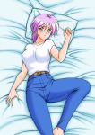  1girl barefoot bed belt blush breasts denim green_eyes jeans kitamura_(bamboo) konami large_breasts lying open_mouth pants pillow pink_hair short_hair solo tokimeki_memorial tokimeki_memorial_2 yae_kaori 