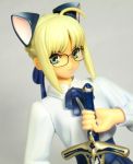  1girl ahoge animal_ears bespectacled blonde_hair blouse caliburn cat_ears fate/stay_night fate_(series) figure glasses lowres photo saber solo sword weapon 