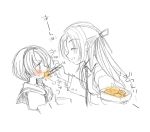  2girls blush chopsticks feeding half_updo higurashi_no_naku_koro_ni houjou_satoko monochrome multiple_girls sketch smile sonozaki_shion spot_color 
