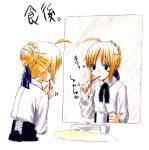 ahoge blouse brushing_teeth fate/stay_night fate_(series) jas lowres mirror reflection saber toothbrush translated 