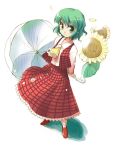  1girl arms_behind_back female flower from_above green_eyes green_hair kazami_yuuka long_skirt mystic_square parasol plaid plaid_skirt plaid_vest red_eyes short_hair skirt skirt_set smile solo standing sunflower toto_nemigi touhou umbrella vest youkai 