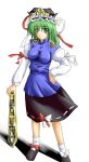  1girl blush bow breasts female green_eyes green_hair hat large_breasts ribbon rod_of_remorse shiki_eiki shoes simple_background skirt socks solo touhou 