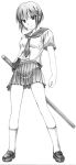  1girl big_wednesday from_below katana kurogane_otome loafers monochrome pleated_skirt school_uniform serafuku shoes short_hair skirt socks solo sword tsuyokiss weapon white_background 