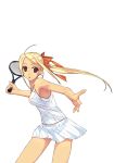  1girl absurdres blonde_hair f-ism highres murakami_suigun original racket red_eyes solo tennis tennis_dress tennis_racket 