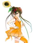  1girl bare_shoulders brown_hair double_bun flower himawari koin_(foxmark) orange_legwear orange_skirt simple_background skirt solo sunflower thigh-highs twintails 