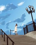  1girl clouds coat lamppost lowres mizuki_(production_sakura) peaceful railing sky solo stairs winter winter_clothes winter_coat 