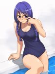  00s 1girl blue_hair braid breasts cleavage glasses gunparade_march hair_over_shoulder looking_at_viewer medium_breasts one-piece_swimsuit pool poolside school_swimsuit shy solo standing swimsuit tanabe_maki twin_braids wading water white_background yizumi 