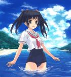  1girl amami_mikihiro amamiya_mikihiro feet_in_water jpeg_artifacts no_pants one-piece_swimsuit original river school_swimsuit school_uniform serafuku sky soaking_feet solo swimsuit swimsuit_under_clothes twintails wading water 