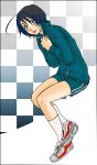  1boy ahoge black_hair bleach checkered checkered_background gym_shorts gym_uniform hands_clasped hands_on_own_chest jacket lowres male_focus open_mouth popped_collar shoes shorts sneakers socks solo trap white_legwear yamada_hanatarou yamatoya 