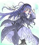  00s 1girl blue_eyes blue_hair blush_stickers cross dress feathers frills hairband long_hair looking_away lowres lying ribbon rozen_maiden solo suigintou very_long_hair wide_sleeves 