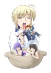  1boy 4girls artoria_pendragon_(all) bathing blonde_hair blouse cup eating emiya_shirou fate/stay_night fate_(series) giantess gts in_container in_cup long_hair matou_sakura medusa_(fate) medusa_(fate)_(all) miniboy minigirl multiple_girls nude open_mouth raglan_sleeves rider saber short_hair simple_background tohsaka_rin type-moon vore white_background you_gonna_get_eaten 