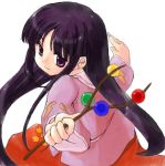  1girl black_hair branch female from_above from_behind hime_cut houraisan_kaguya jeweled_branch_of_hourai long_hair looking_at_viewer looking_back marker_(medium) purple_hair shirt sidelocks simple_background skirt smile solo touhou traditional_media very_long_hair violet_eyes white_background 