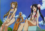  3girls 90s :d aa_megami-sama ahoge antenna_hair belldandy bikini black_hair blue_eyes bracelet breasts brown_eyes bun_cover casual_one-piece_swimsuit chain-link_fence cleavage cleavage_cutout clouds crease dark_skin double_bun dutch_angle facial_mark fence flat_chest floral_print forehead_mark front-tie_top goddess hand_on_hip highres hips jewelry legs long_hair long_legs medium_breasts megami multiple_girls nail_polish navel official_art one-piece_swimsuit open_mouth outdoors pink_nails print_bikini print_swimsuit ribbon ring scan siblings side-tie_bikini sisters sitting skuld sky smile sports_bikini standing sugimoto_sachiko swimsuit tiger_print tree twintails urd very_long_hair white_hair zebra_print 