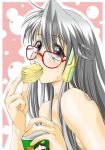  1girl bare_shoulders black_eyes black_hair chips eating food food_in_mouth glasses long_hair mouth_hold my_merry_may_be potato_chips pringles red-framed_eyewear red-framed_glasses reu_(my_merry_may_be) solo upper_body 