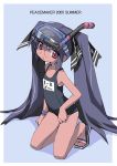  1girl black_hair e=mc2_(mosimosi) glasses kneeling kooh long_hair name_tag one-piece_swimsuit pangya red_eyes sandals school_swimsuit scuba simple_background snorkel solo swimsuit tan twintails 