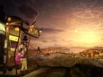  1girl bench bus_stop cityscape clouds dock dress female grass lamppost landscape light lighthouse makotoshinkai original pink_dress pointy_ears power_lines purple_hair road scenery science_fiction sign sitting solo sunset teikoku_shounen town water 