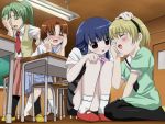  4girls blonde_hair blue_hair desk furude_rika green_hair green_skirt hairband higurashi_no_naku_koro_ni houjou_satoko kneeling long_hair multiple_girls orange_hair pantyhose petting ponytail ryuuguu_rena sanshita school_uniform serafuku short_hair skirt sonozaki_mion take_it_home tears 